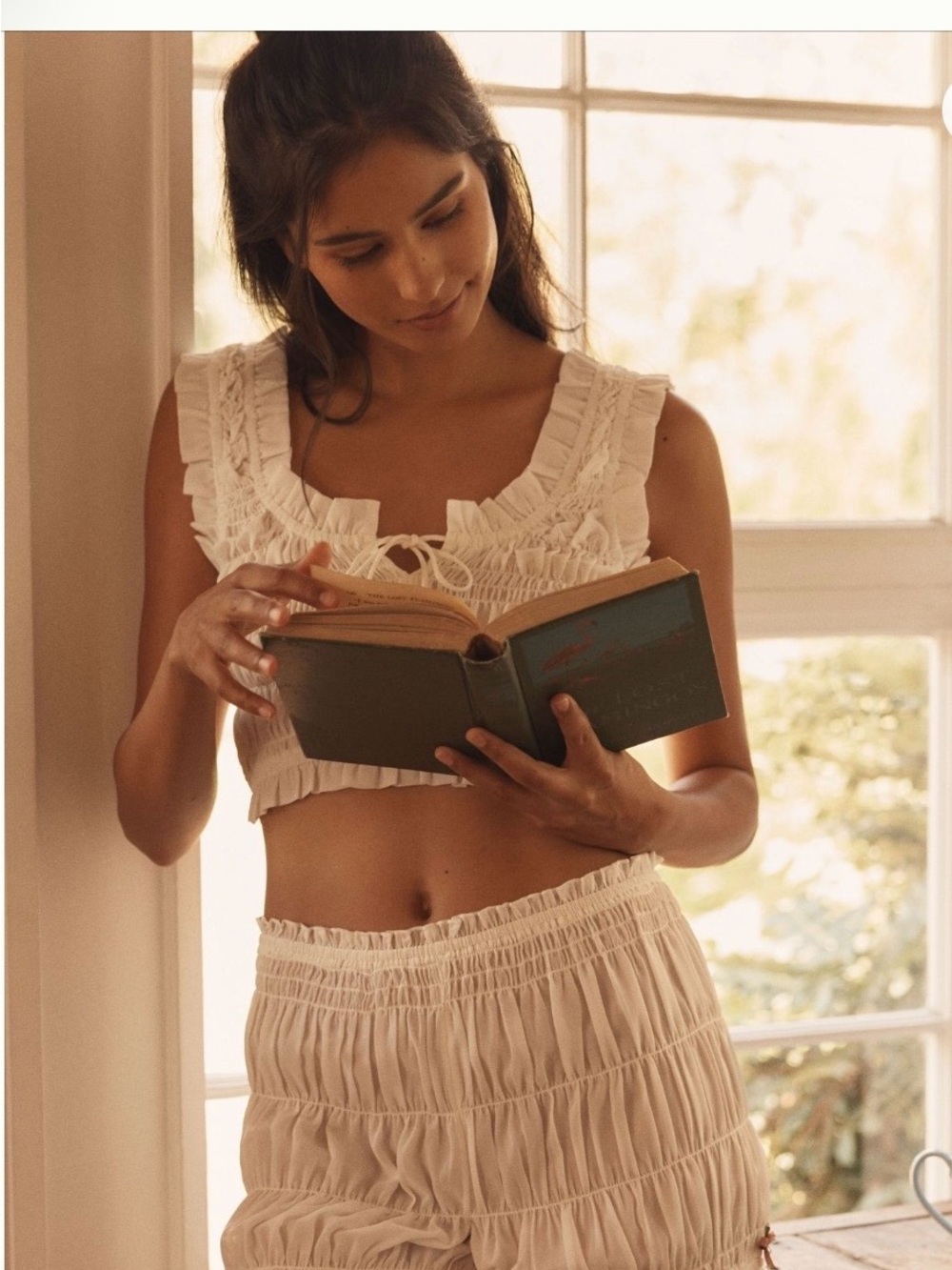 Anthropologie - LyreBird Bloomer shorts & ruched ruffle sheer bralette - Cream